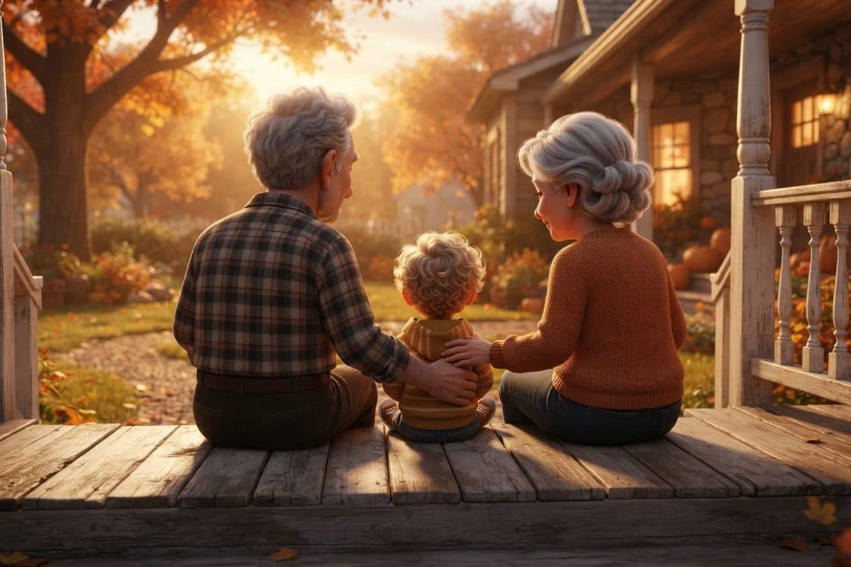 A grandmother and grandfather on a porch in early autumn with a small grandchild between them