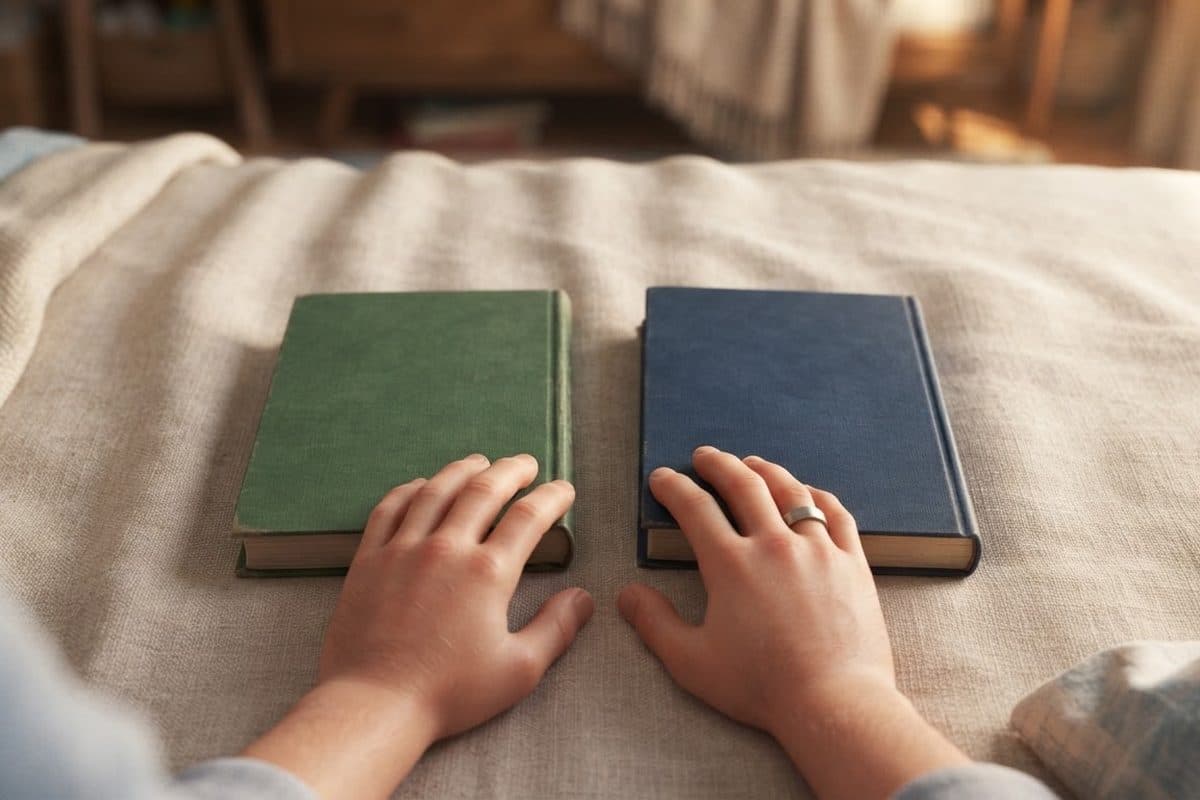 A parent comparing two personalized children's books side by side on a table