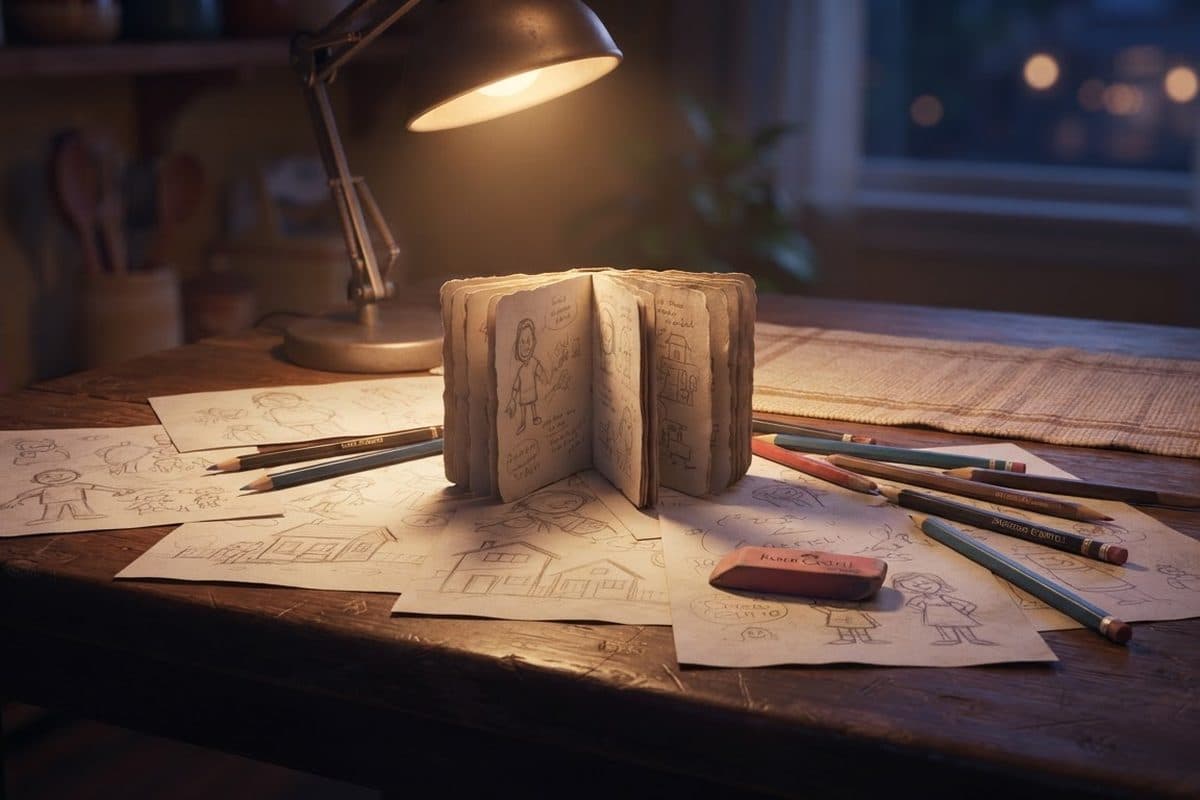 A kitchen table covered with sketches, a folded paper booklet and coloring pencils under a lamp