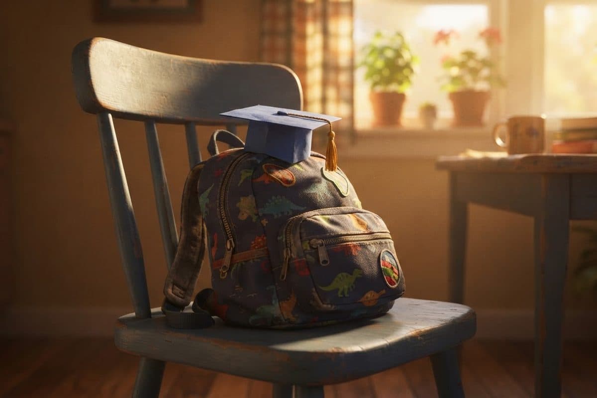 A small paper graduation cap and a backpack on a kitchen chair in late spring light