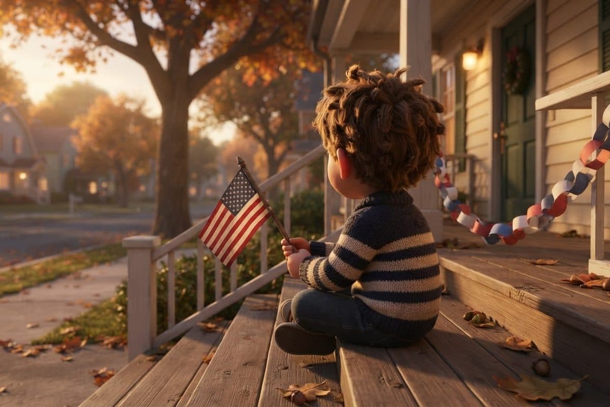 A small child seen from behind on a front porch step at golden hour, holding a small American flag on a wooden stick and looking down a quiet tree-lined street, a long paper chain of red, white and blue links draped along the porch rail