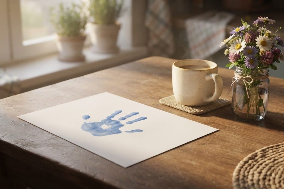 A small child's painted handprint drying on paper on a kitchen table beside a cup of coffee