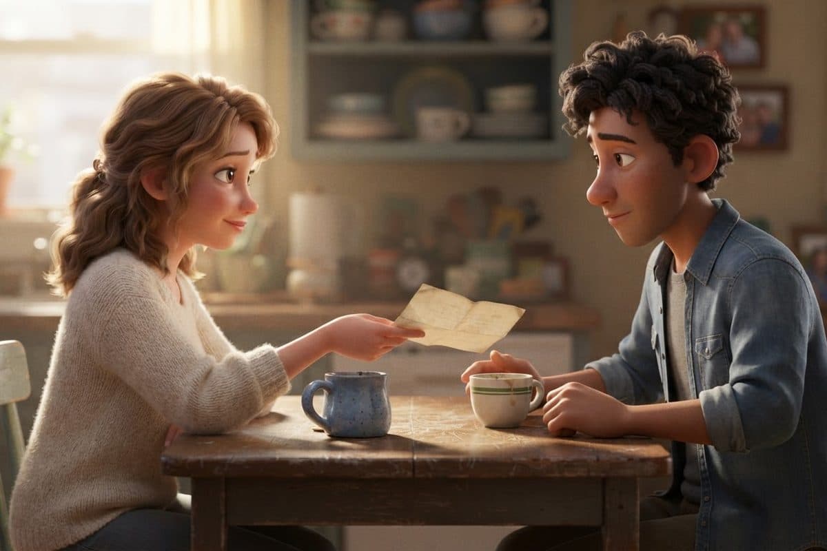 A couple at a kitchen table in morning light, one sliding a folded letter across to the other beside two cups