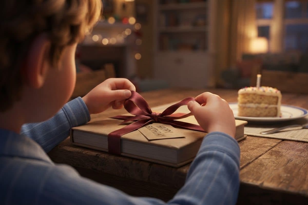 A child at a birthday table opening a wrapped hardcover book