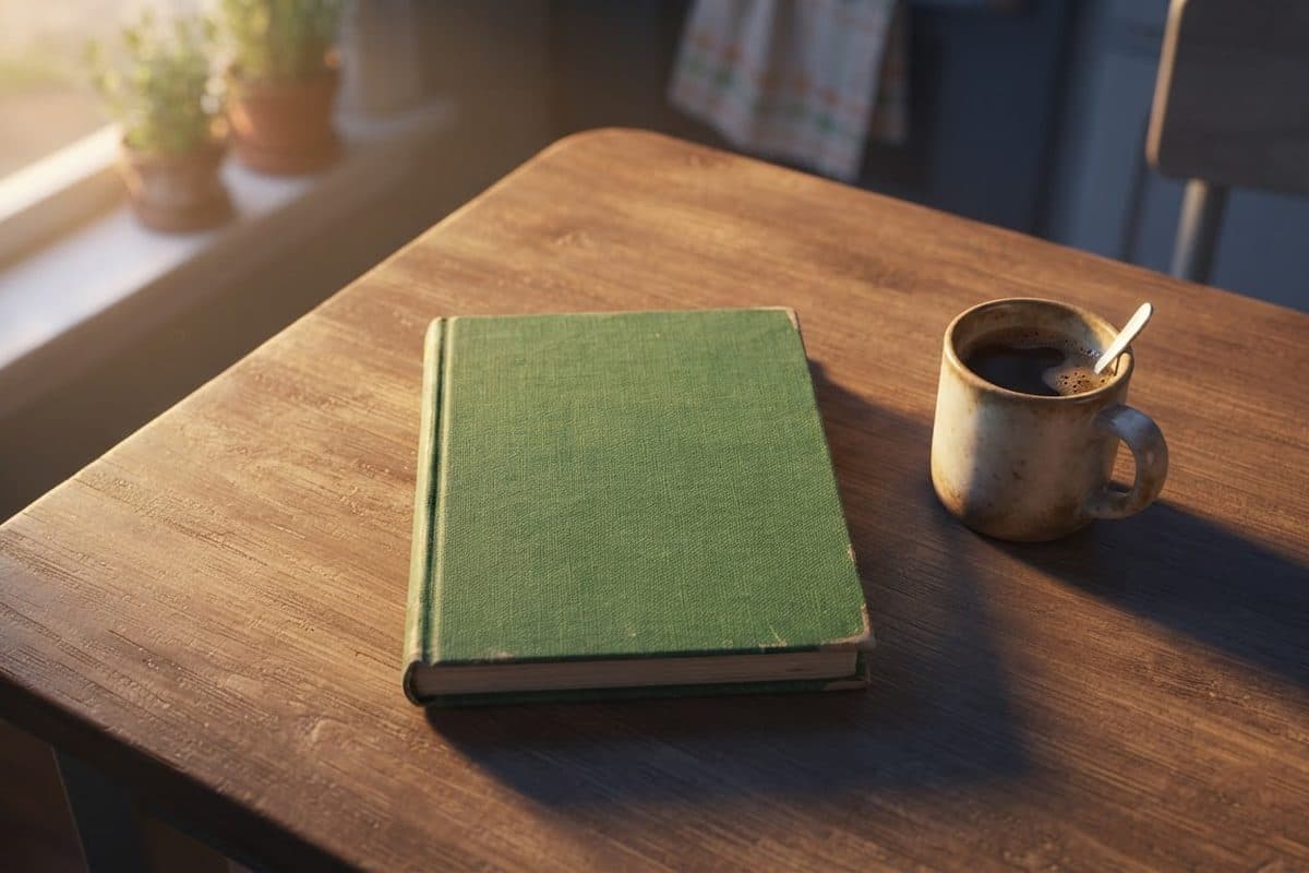 A stack of personalized hardcover children's books on a kitchen table, one lying open