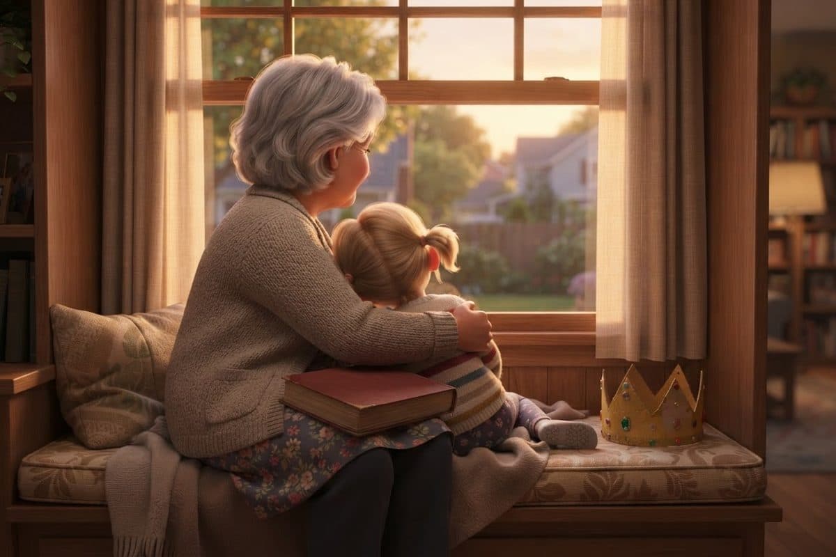 A grandmother and a small child seen from behind on a window seat in a cozy living room, a closed book on her lap and a gold paper crown on the cushion beside them