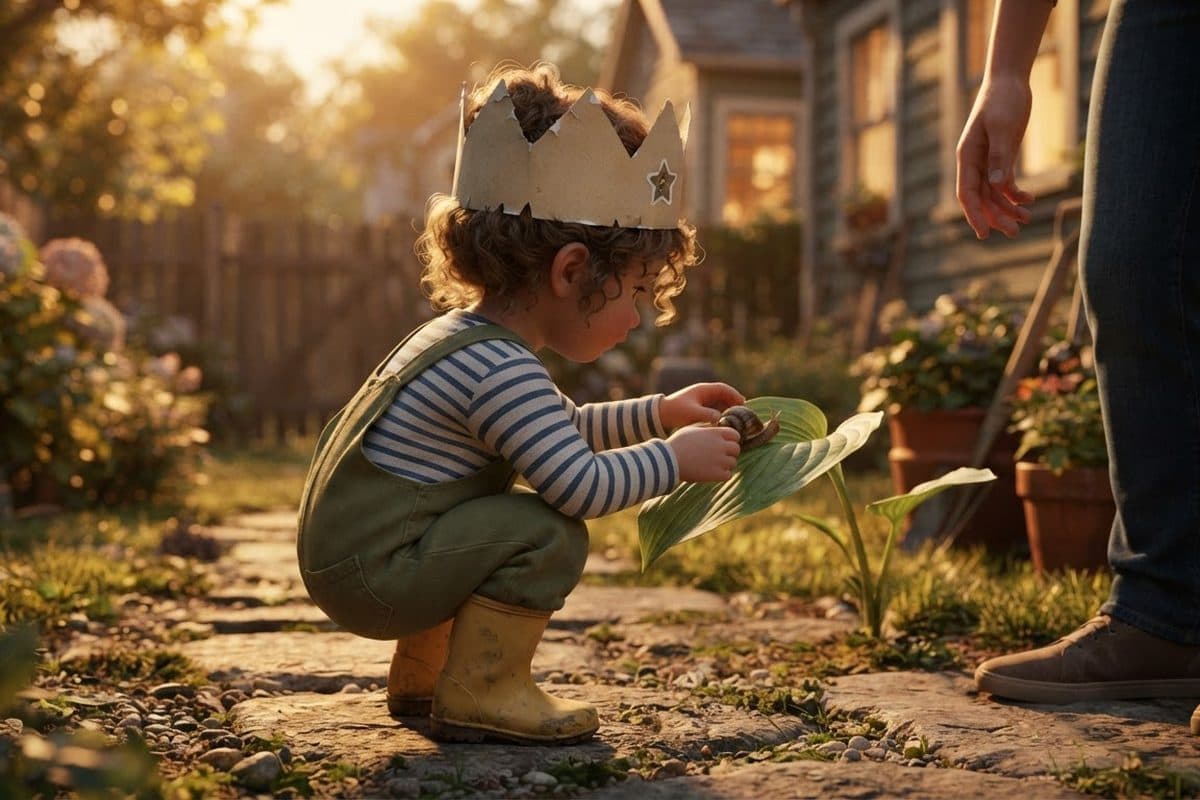 A small child in a paper crown and rubber boots, seen from behind in a backyard at golden hour, crouching to lift a snail off the garden path onto a leaf