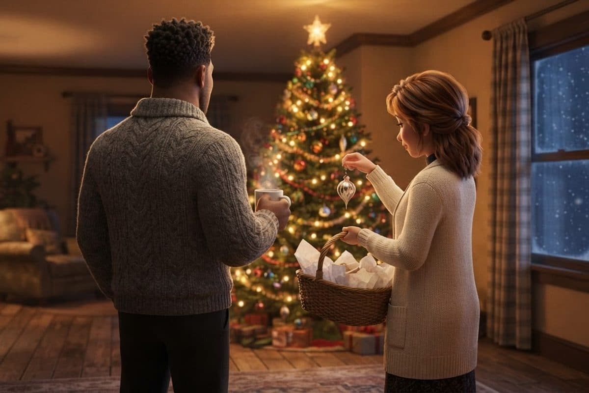 A man and a woman seen from behind in front of a glowing Christmas tree at dusk, he holds a steaming mug and she lifts a small glass ornament out of a nest of tissue paper she carries on her arm, snow falling past the window
