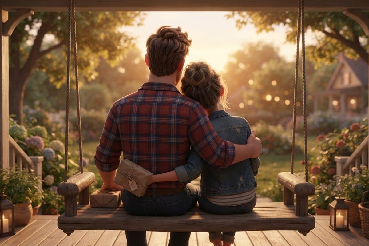 A couple seen from behind on a wooden porch swing at golden hour, looking out over the garden, her head on his shoulder and a small present in brown paper and twine hidden in her hand behind his back