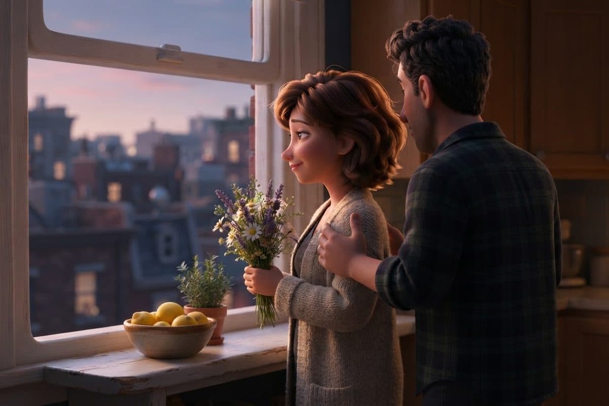 A woman in a long oatmeal cardigan seen in profile at a kitchen window in the early evening, holding a small bunch of wildflowers, a man in a dark flannel shirt beside her with one arm around her shoulders, a bowl of lemons on the windowsill and city rooftops under a pink sky outside
