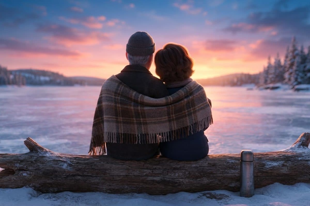 A couple seen from behind sitting close together on a fallen log at the edge of a frozen lake at sunset, one wool blanket over their shoulders and a steel thermos on the snow beside them