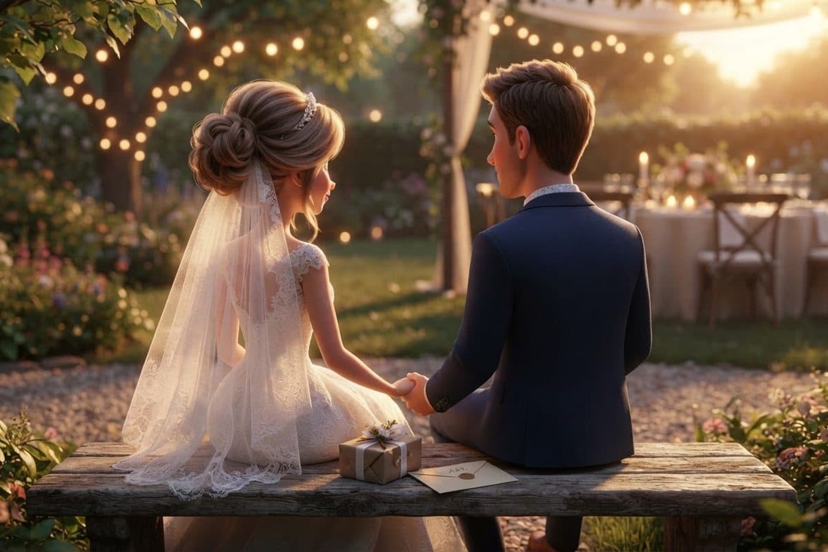 A bride and groom seen from behind on a garden bench at sunset, a small wrapped gift and a sealed envelope on the bench between them