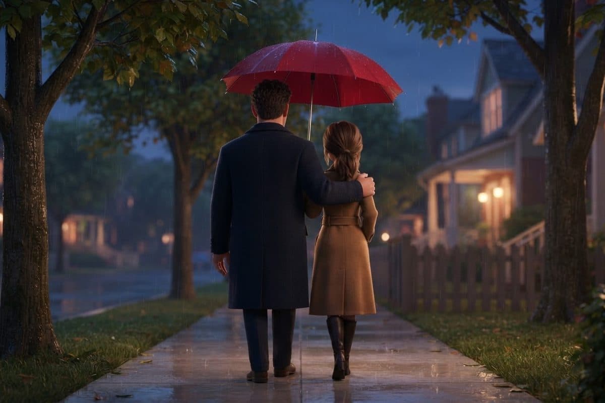 A man and a woman in their thirties seen from behind walking close together under one red umbrella along a rainy tree-lined sidewalk at dusk, her arm through his, warm windows glowing far ahead