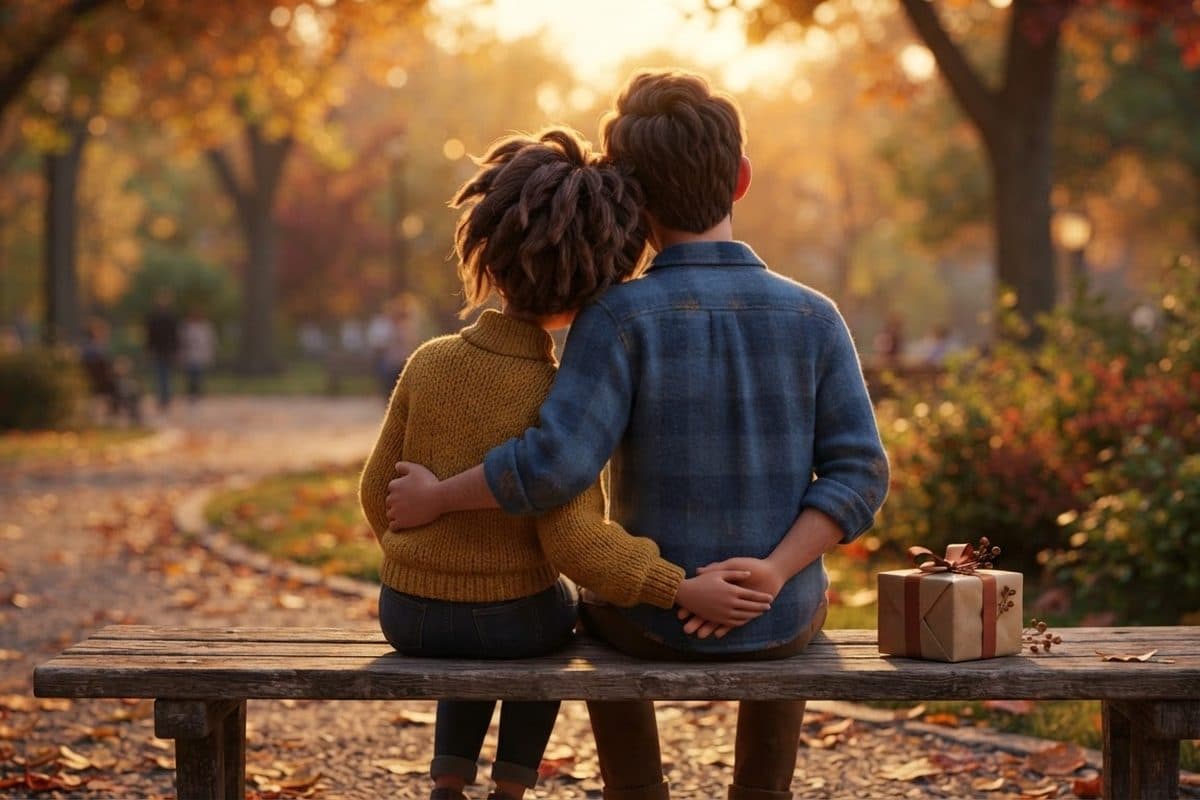 A couple sitting close together on a park bench at golden hour, seen from behind, with a small wrapped gift on the bench beside them