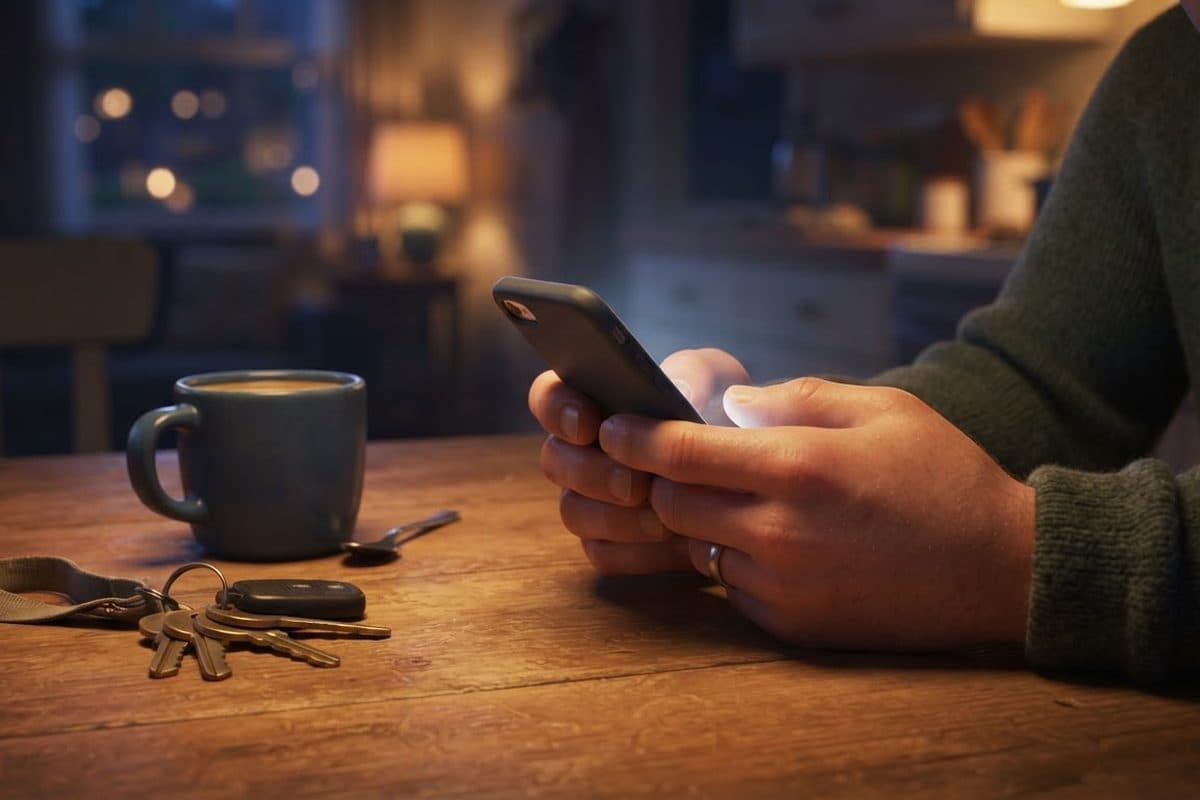 A parent holding a phone showing a photo of their child, at a kitchen table