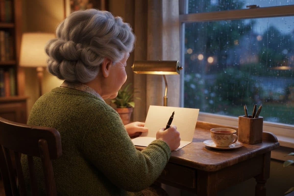 A grandmother seen from behind at a small writing desk by a rainy window, writing on a plain cream card with a fountain pen beside a cup of tea