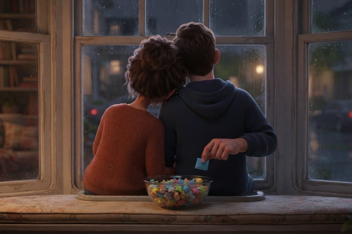 A couple seen from behind on a window seat on a rainy evening, her head on his shoulder, his hand dropping a folded paper slip into a glass bowl full of colored slips