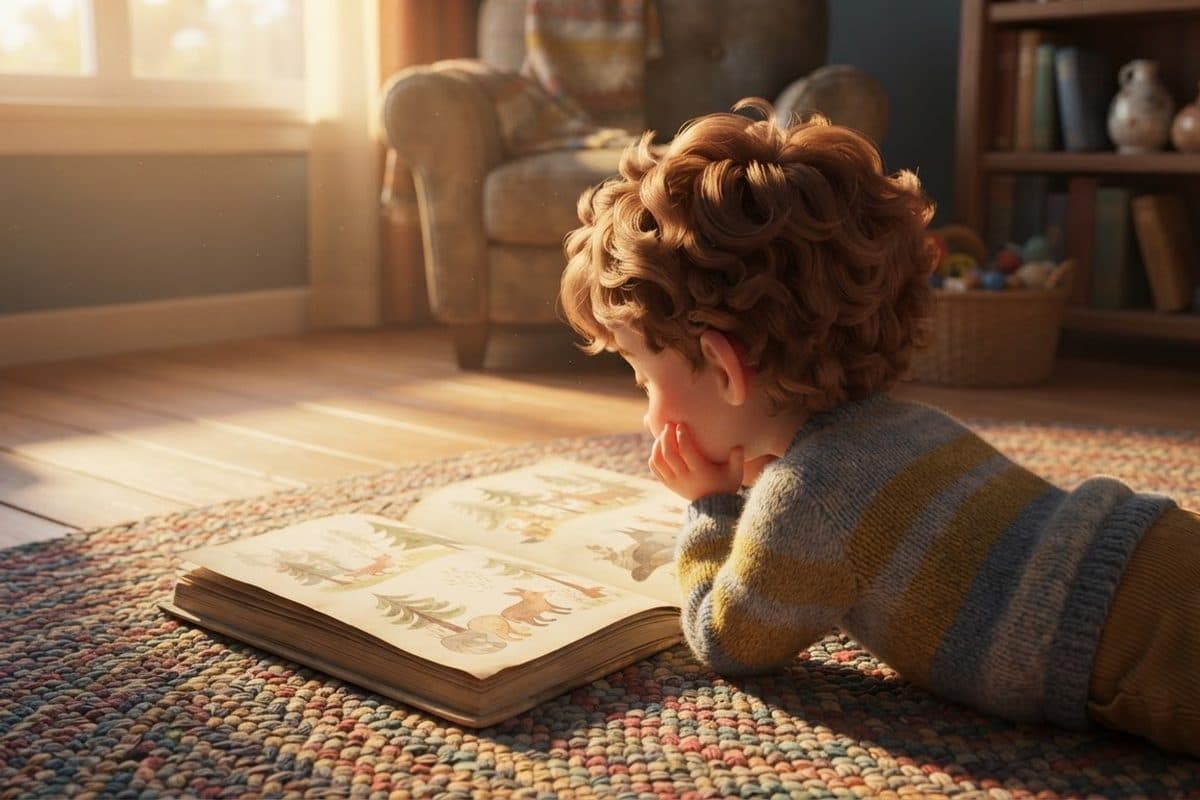 A small child sitting on the floor looking closely at an illustration of themselves in a book