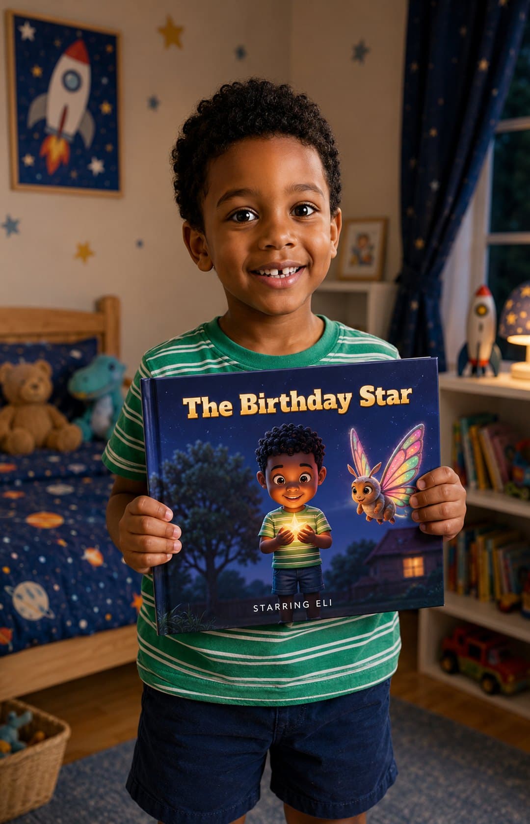 A boy holding his copy of The Birthday Star in his bedroom