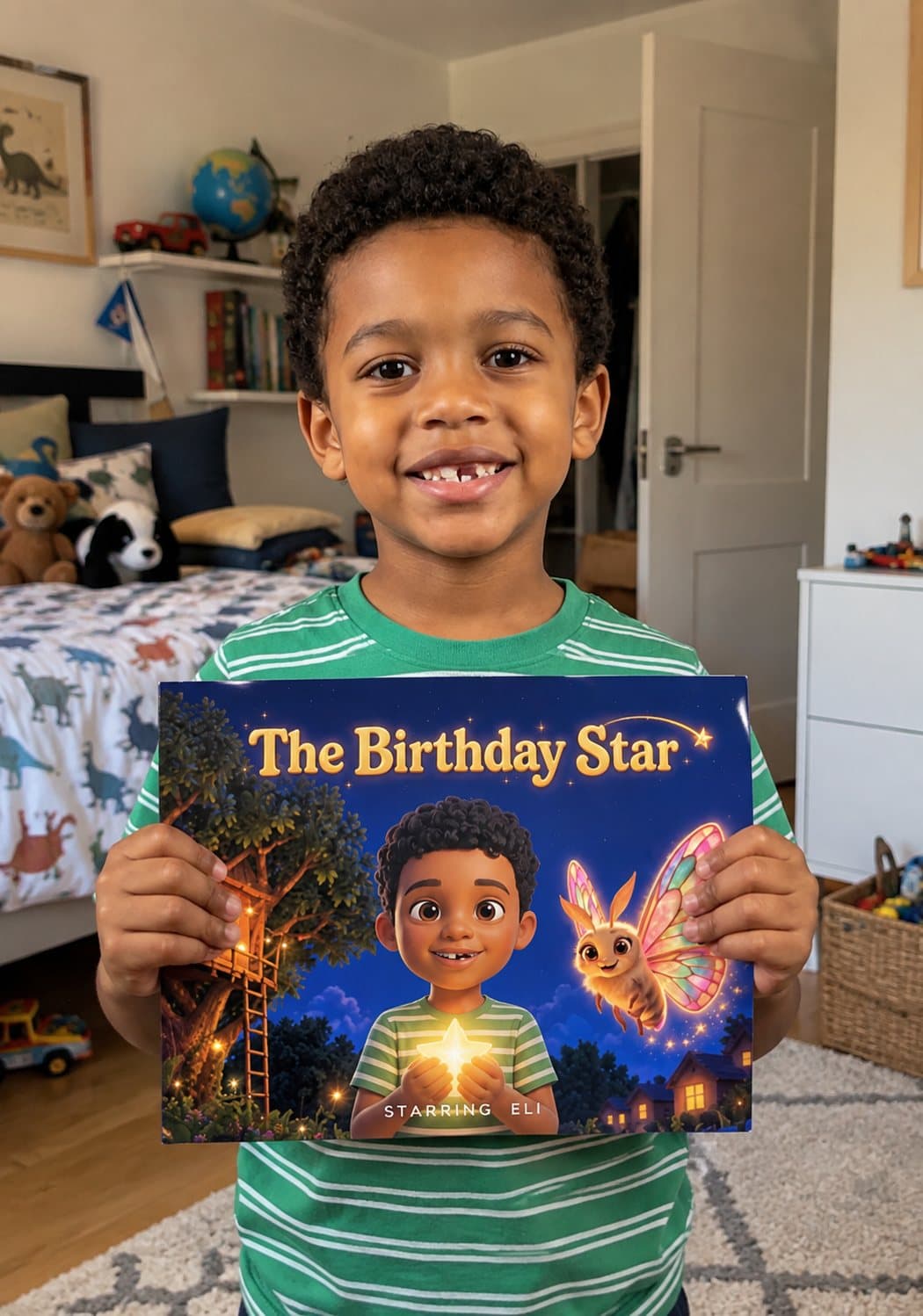 A boy holding his copy of The Birthday Star in his bedroom