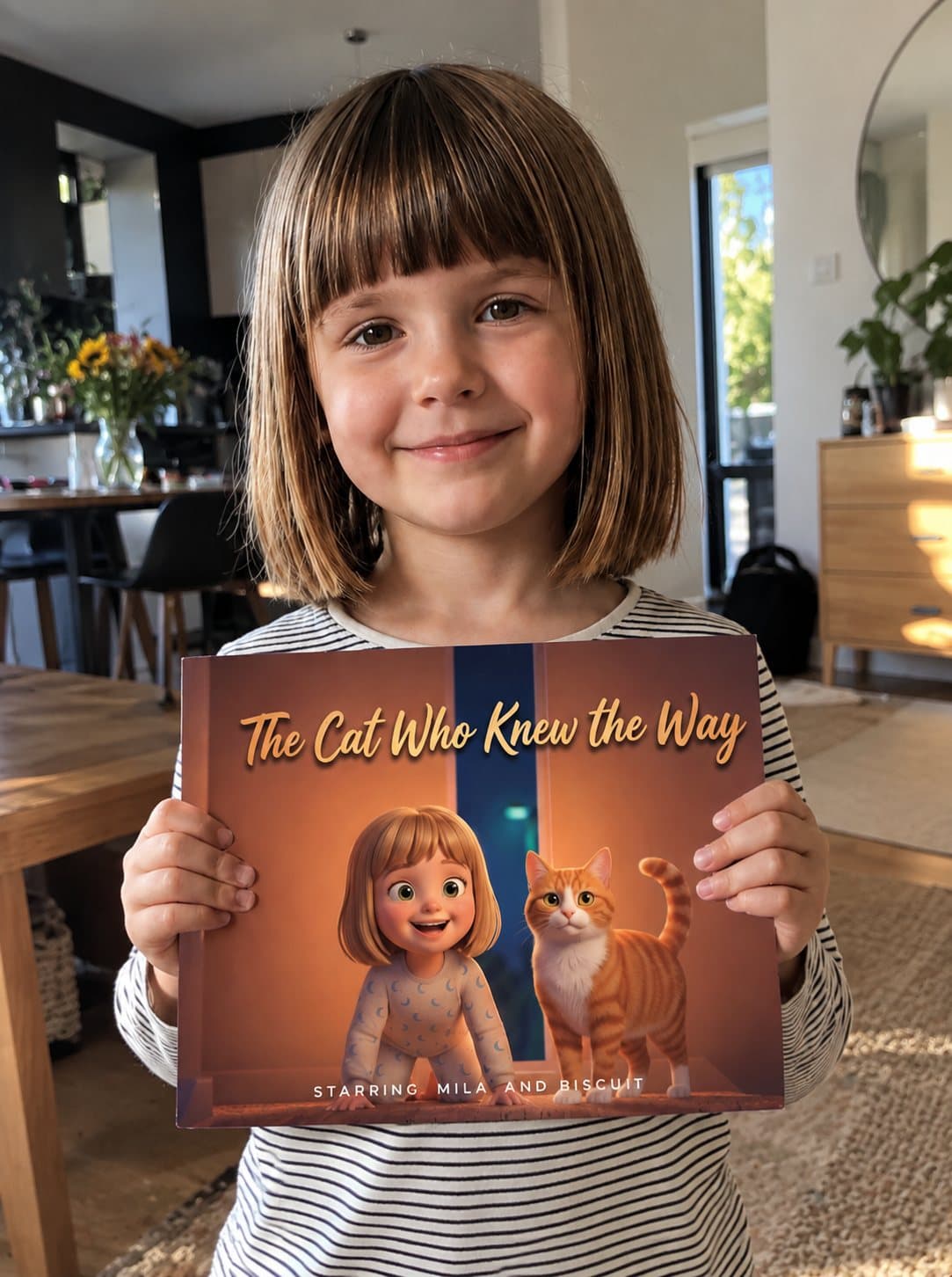 A girl holding a copy of The Cat Who Knew the Way in a living room