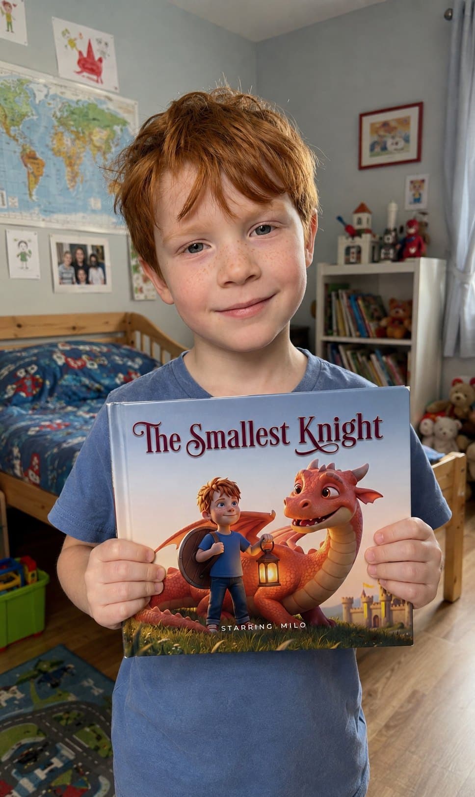 A boy holding a copy of The Smallest Knight in his bedroom
