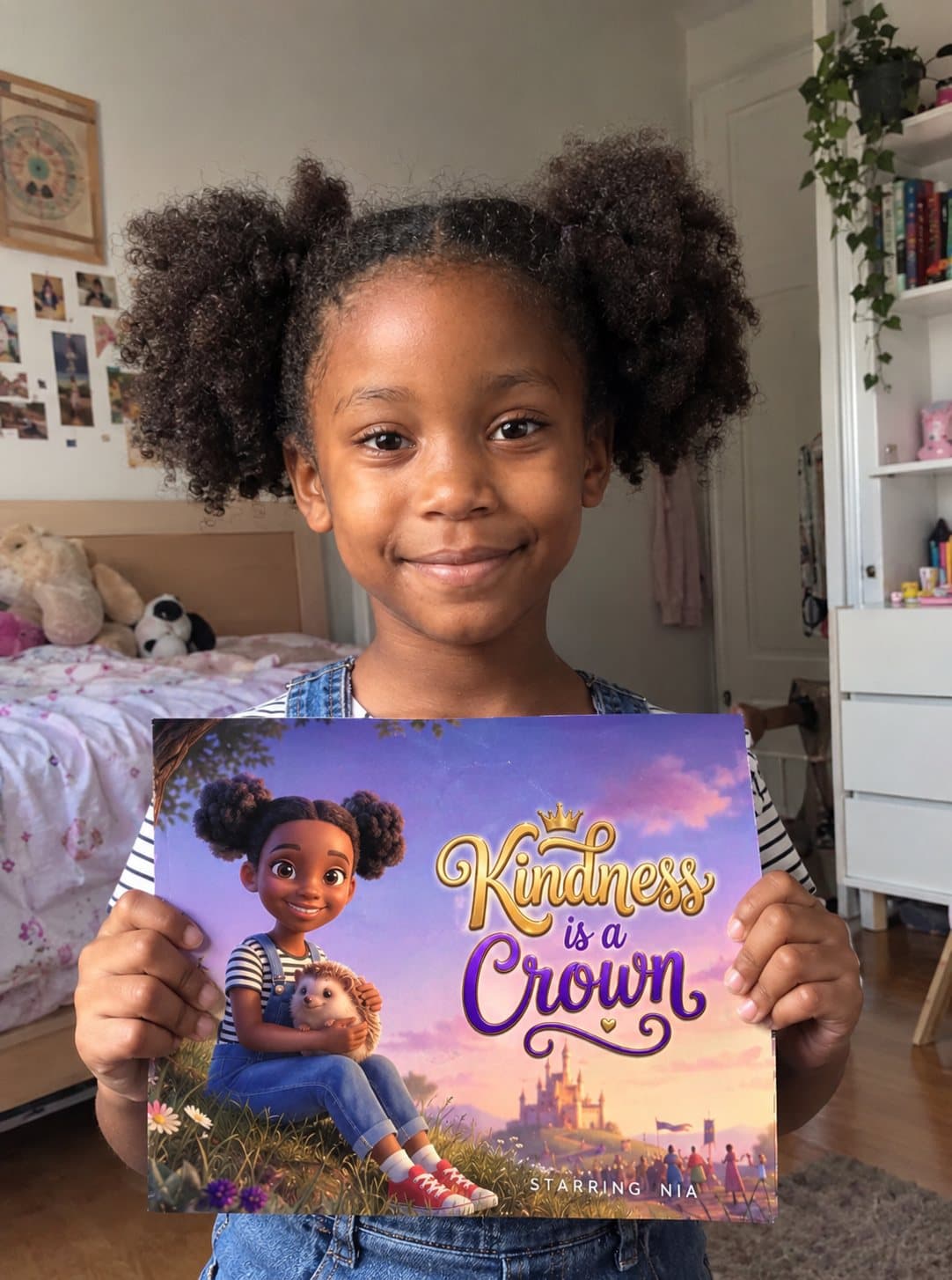 A girl holding a copy of Kindness Is a Crown in her bedroom