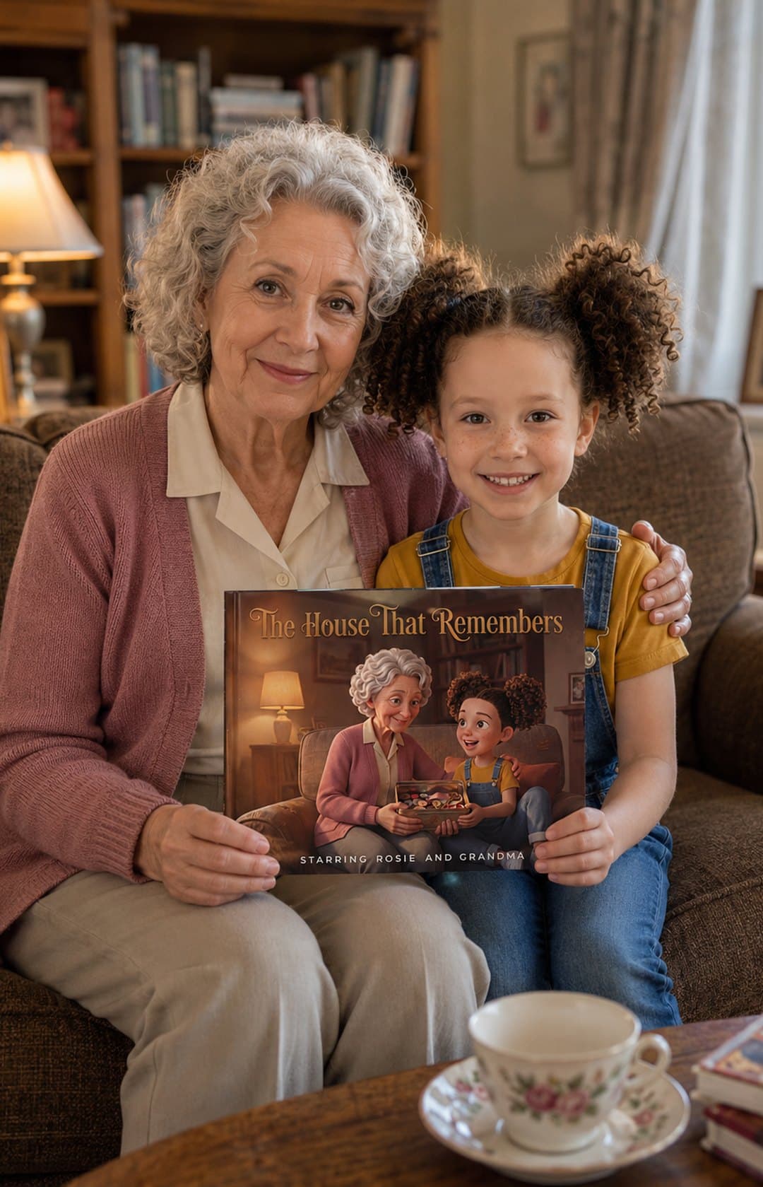 A grandmother and her granddaughter with their copy of The House That Remembers