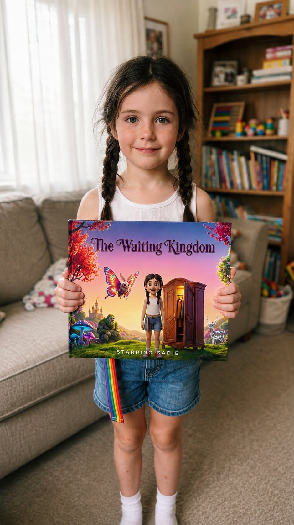 A girl holding a copy of The Waiting Kingdom in a living room
