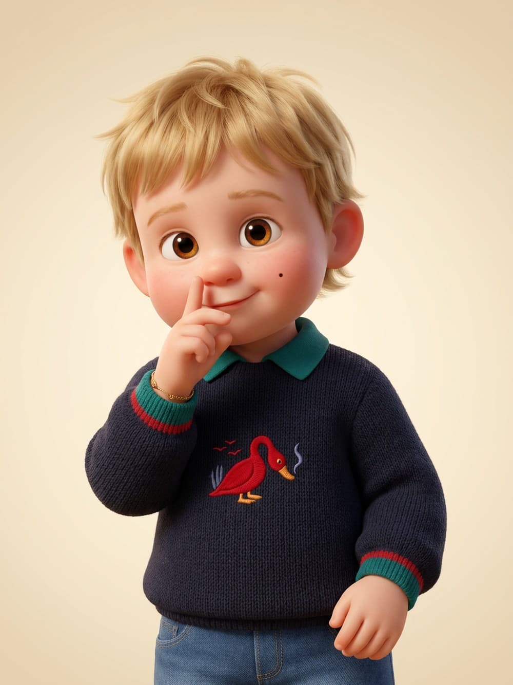 The same child drawn from that one photo as a 3D storybook character