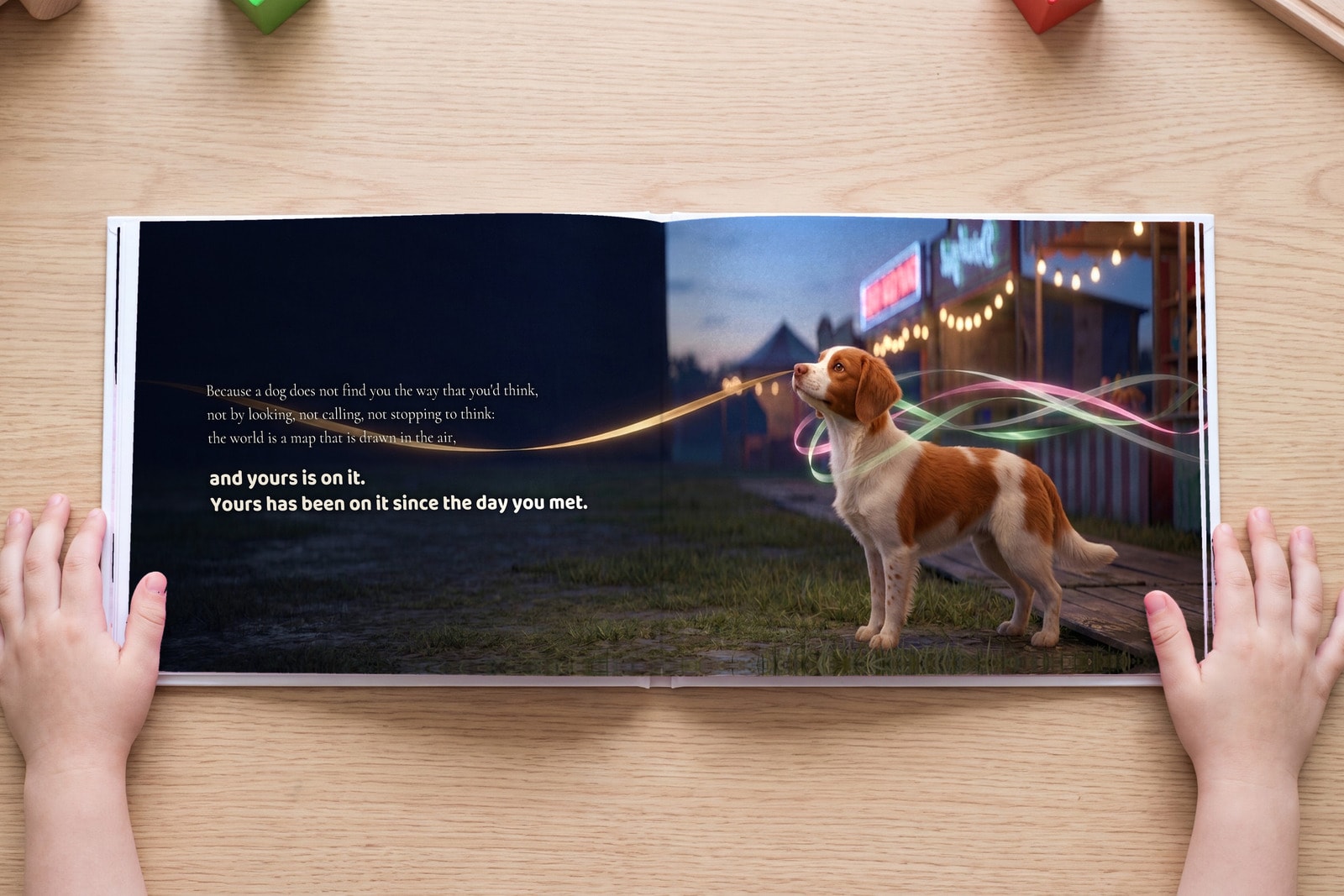 A spread from Come and Find Me, open in a child's hands