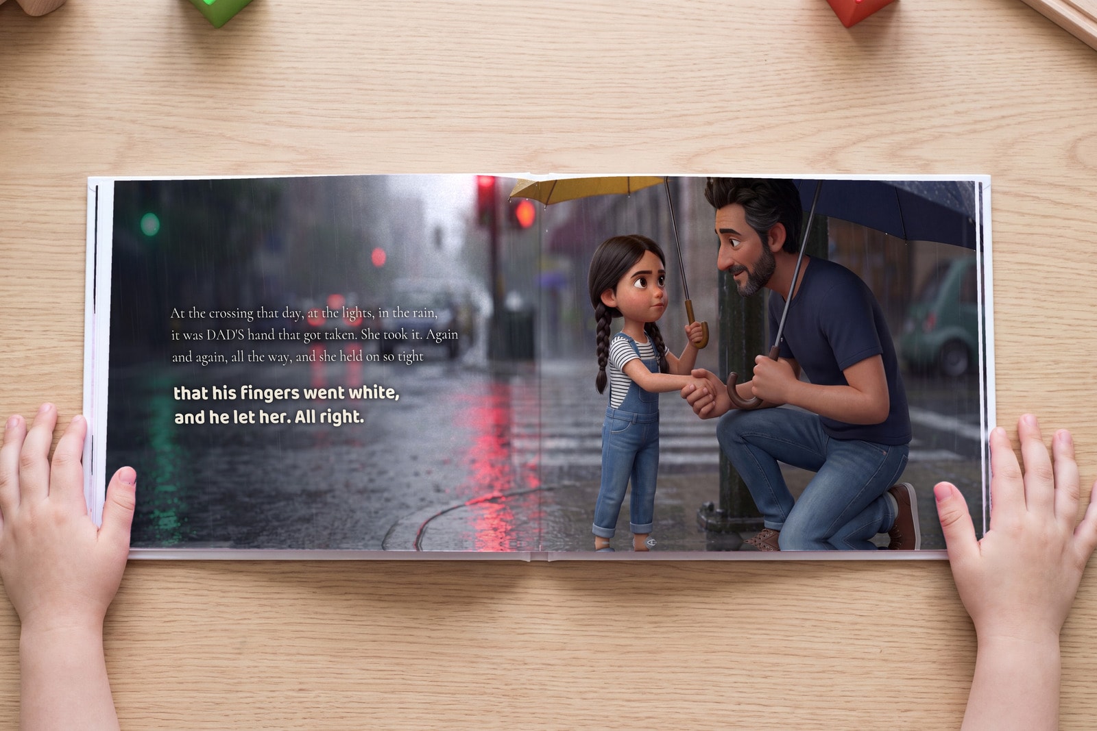 A spread from I Love You, Dad, open in a child's hands