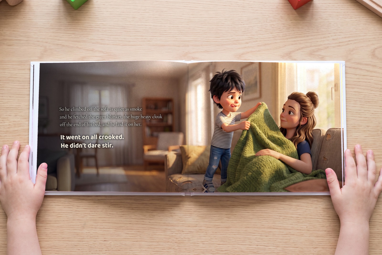 A spread from I Love You, Mom, open in a child's hands