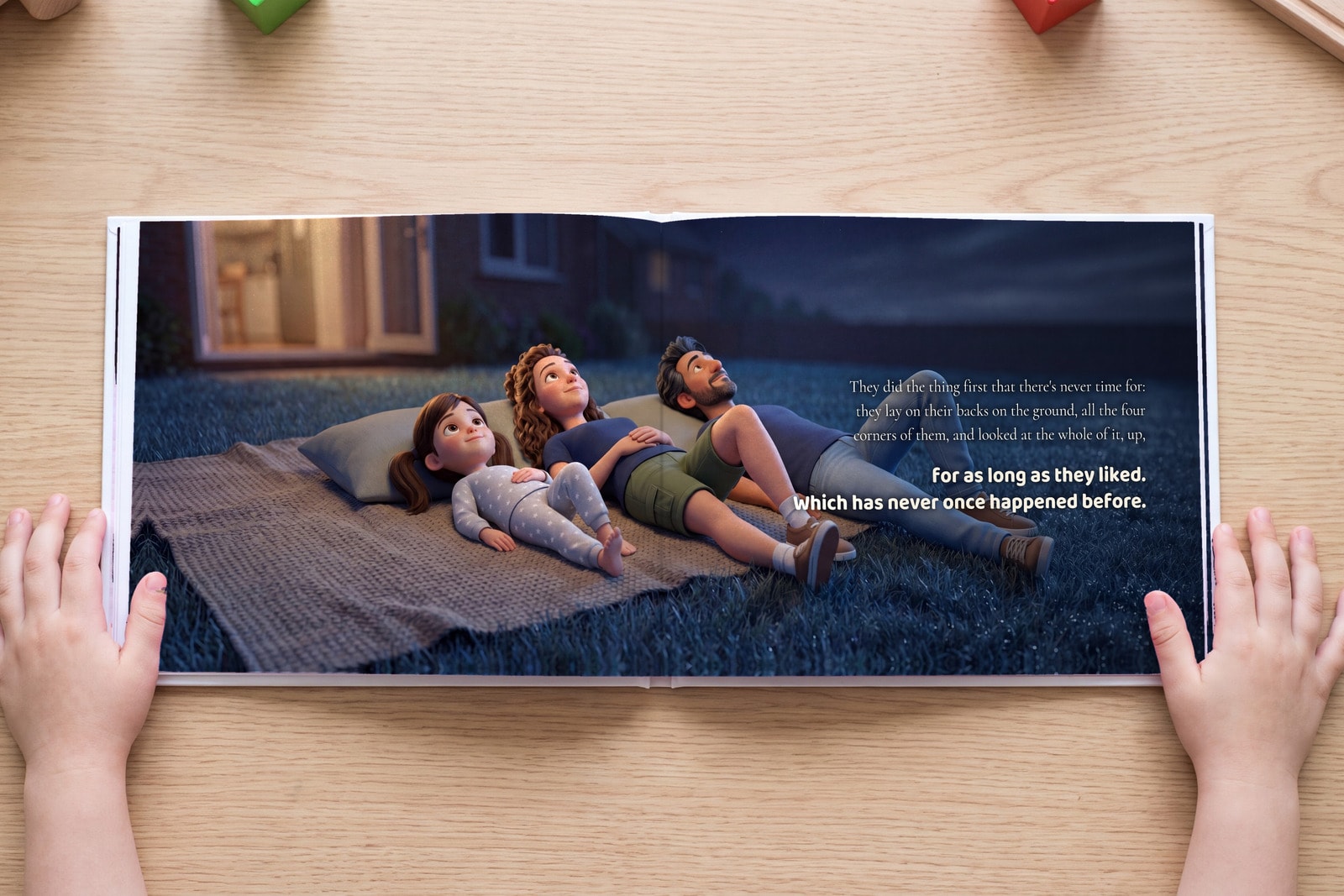 A spread from One More Hour, open in a child's hands