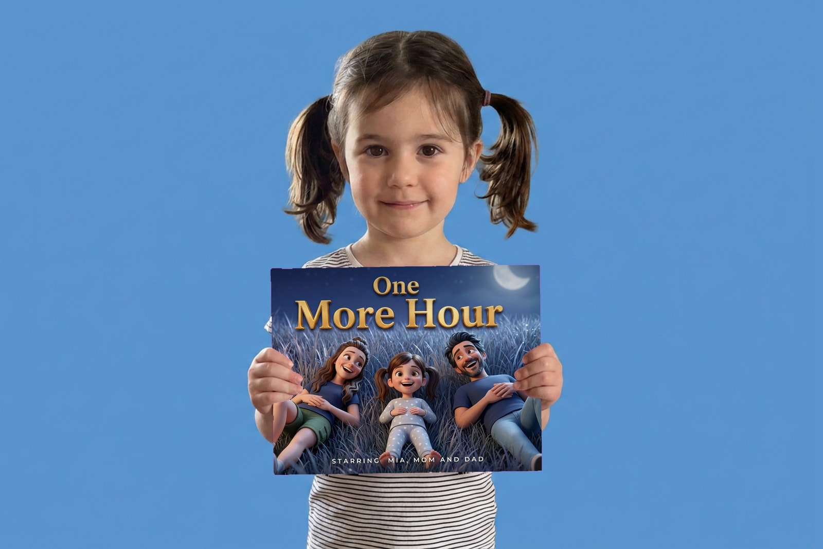 One More Hour, a child holding their printed copy of the book