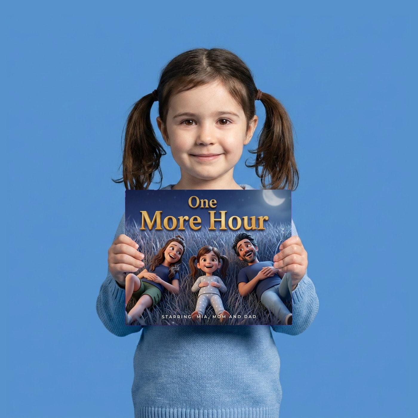 One More Hour, a child holding their printed copy of the book