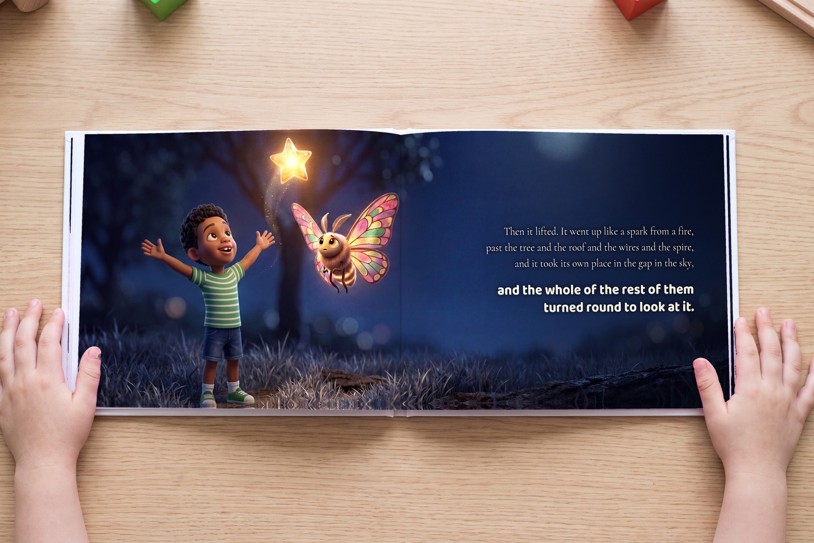 A spread from The Birthday Star, open in a child's hands