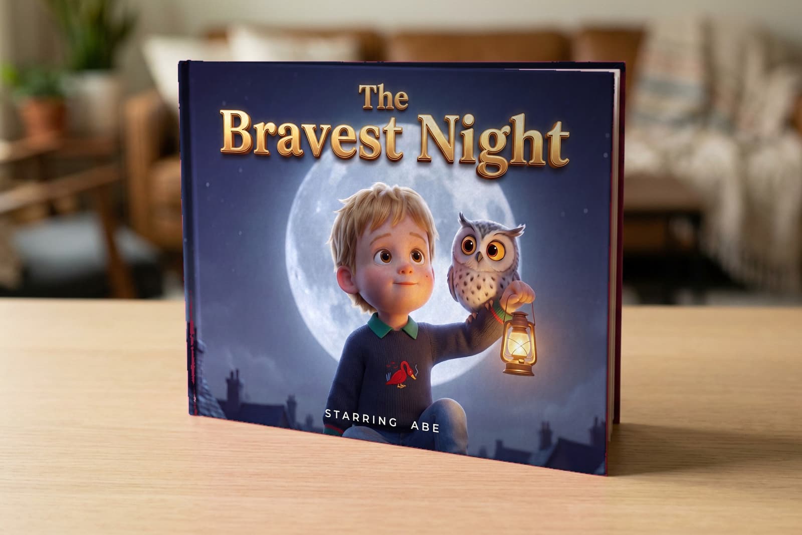 A personalized children's book in hardcover, starring that same child, standing on a table at home