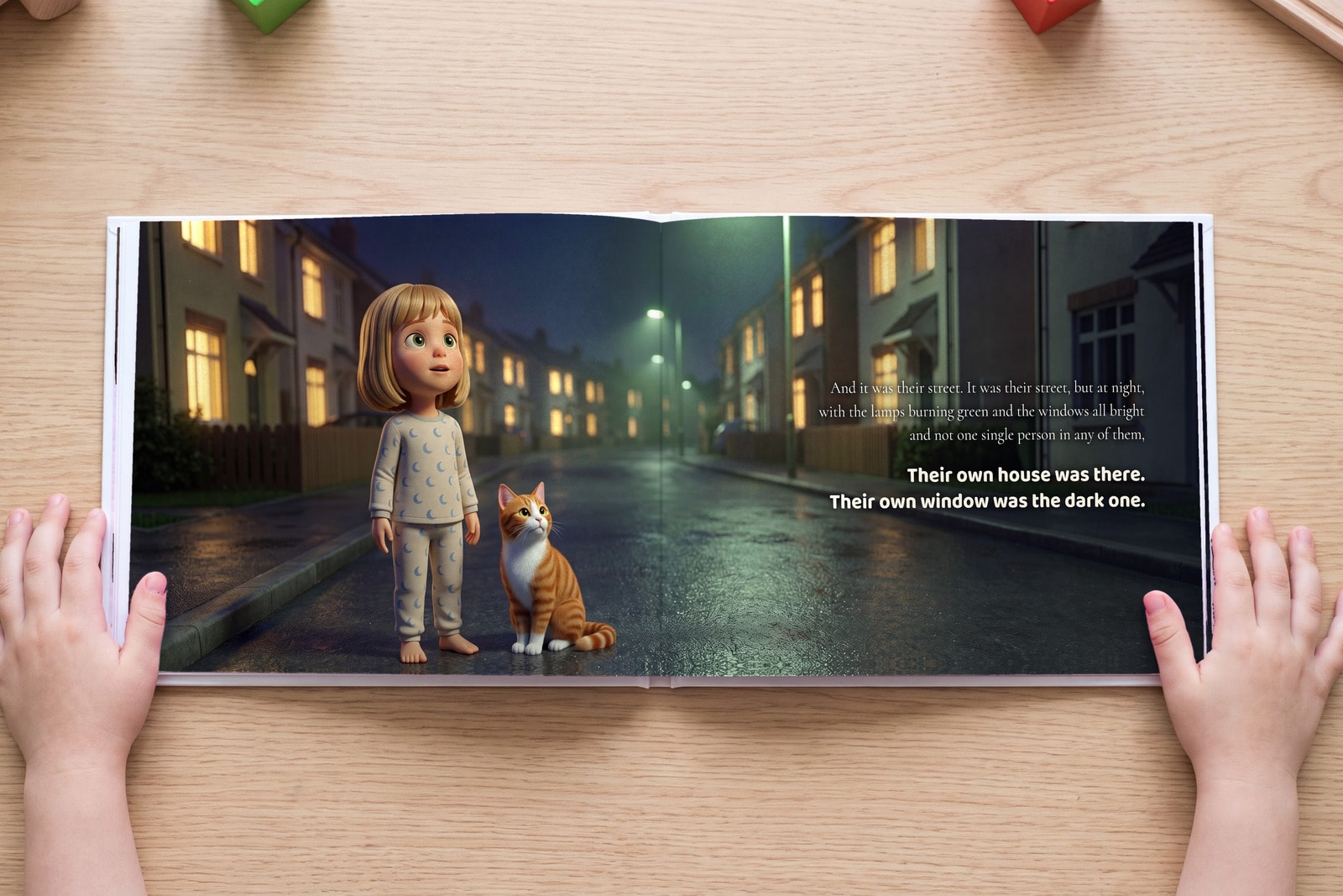 A spread from The Cat Who Knew the Way, open in a child's hands