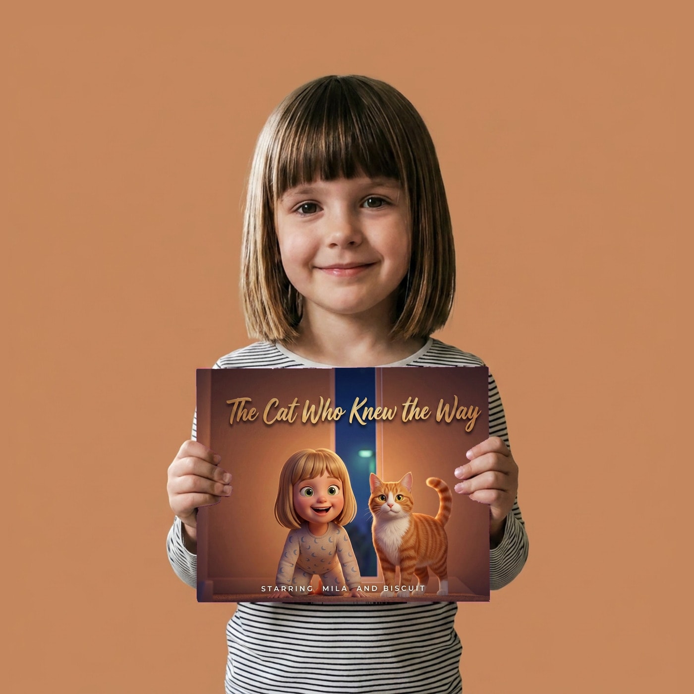 The Cat Who Knew the Way, a child holding their printed copy of the book