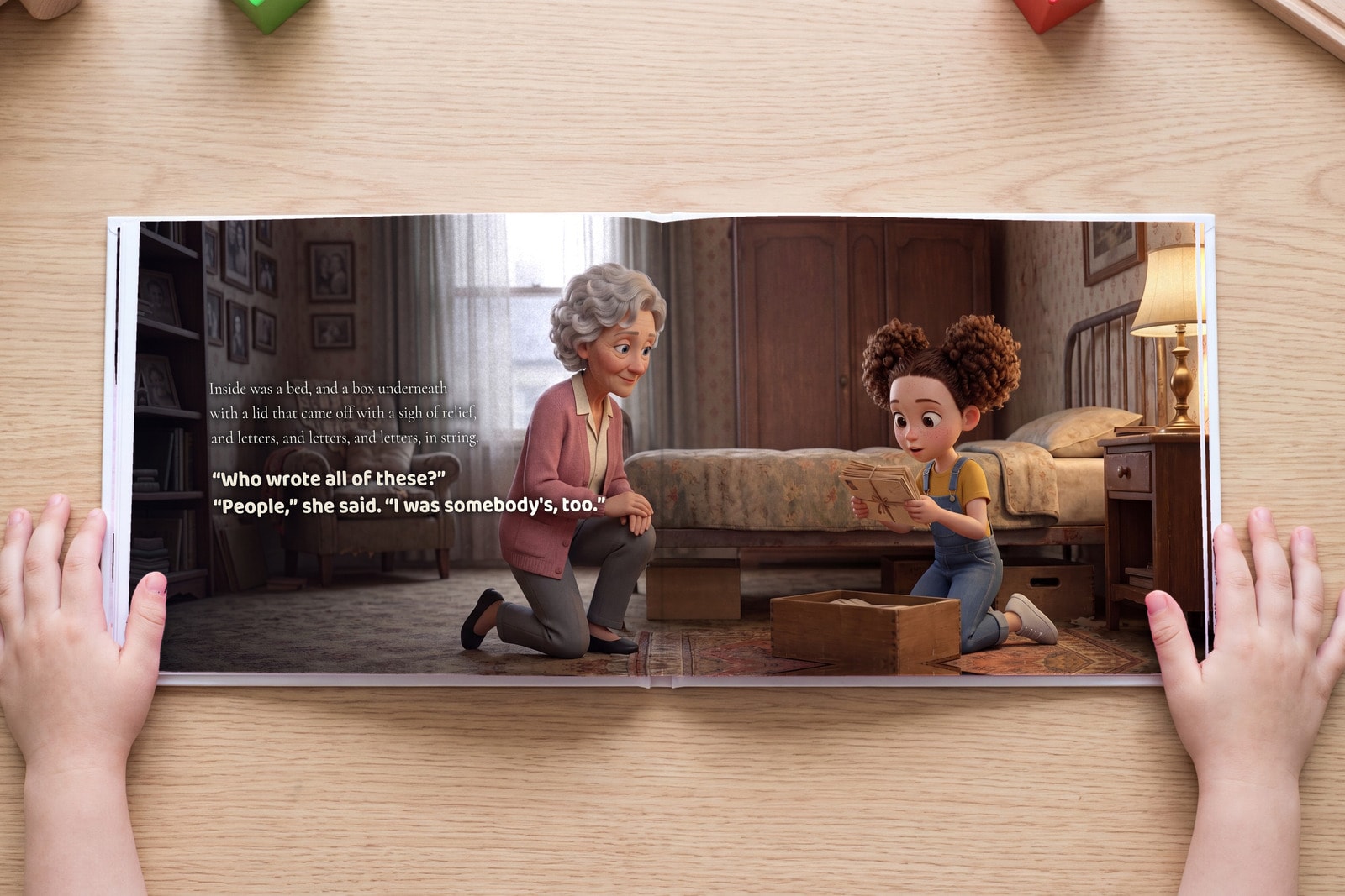 A spread from The House That Remembers, open in a child's hands