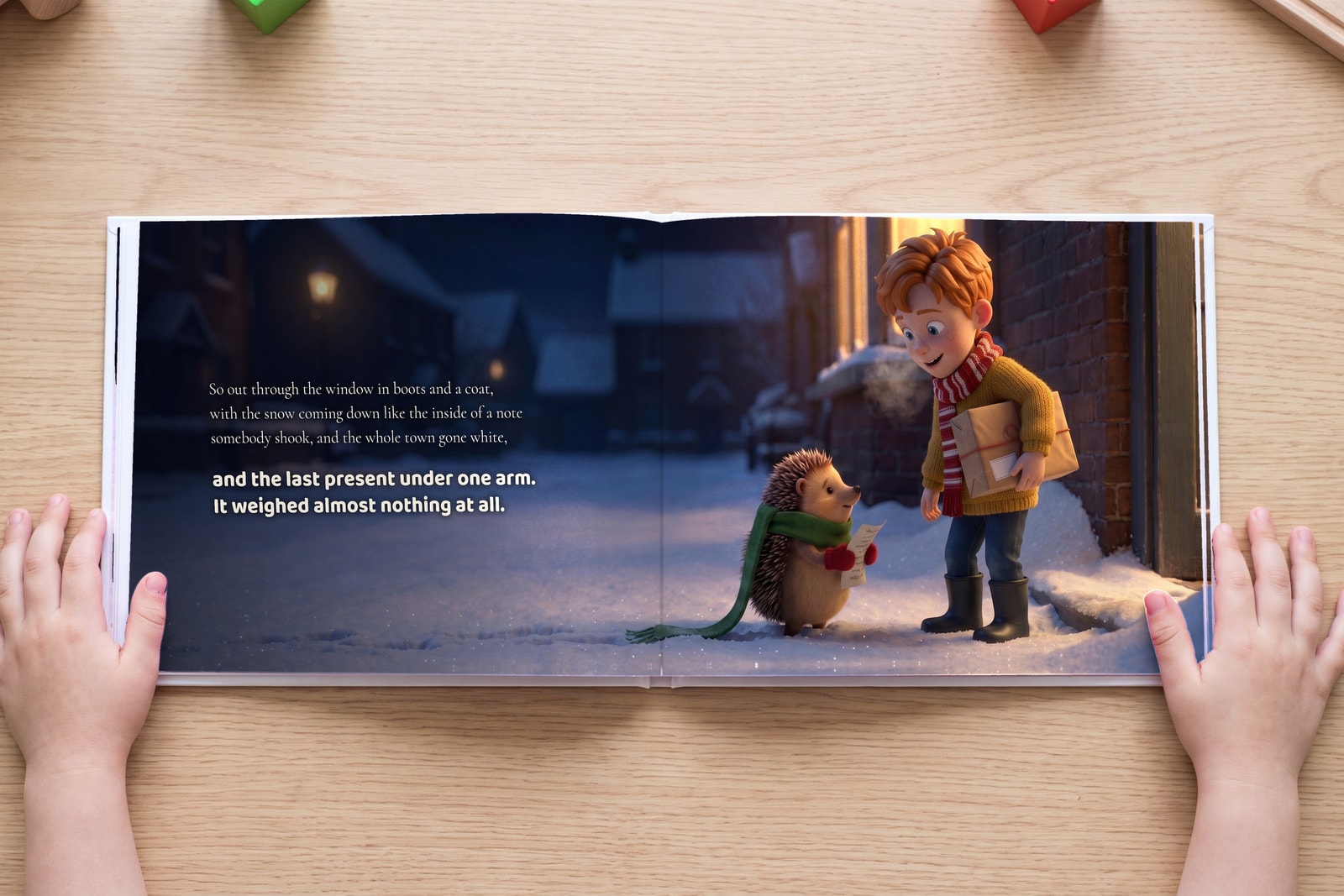 A spread from The Last Present, open in a child's hands