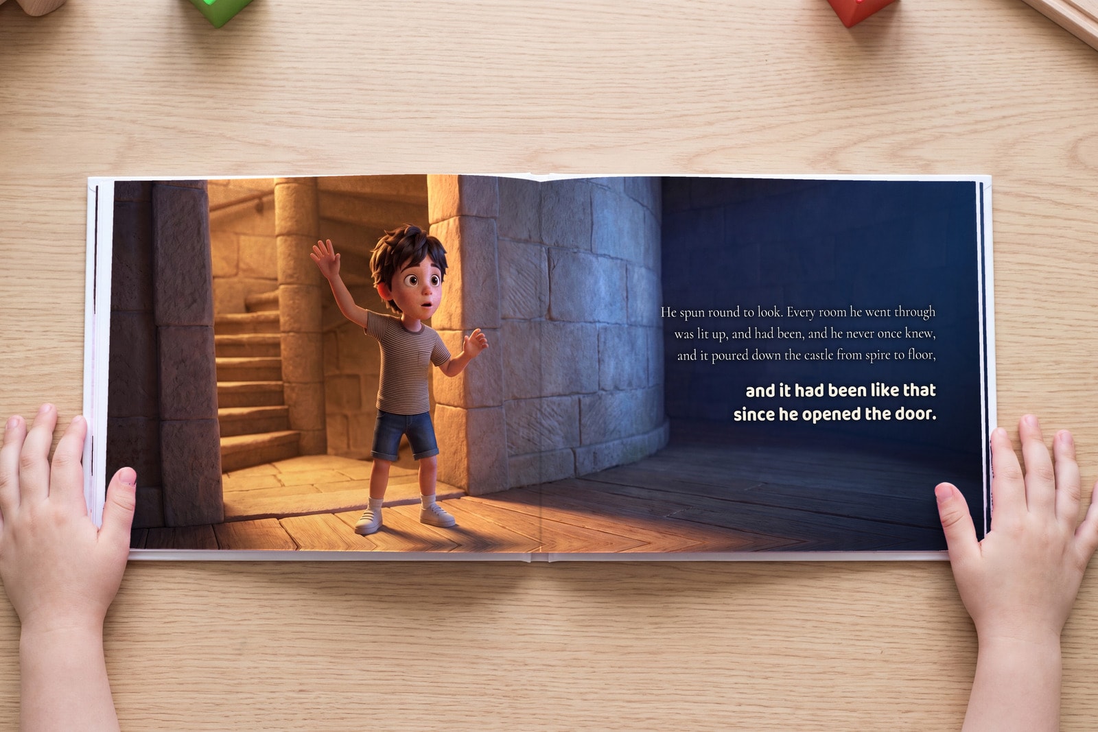 A spread from The Light Behind You, open in a child's hands