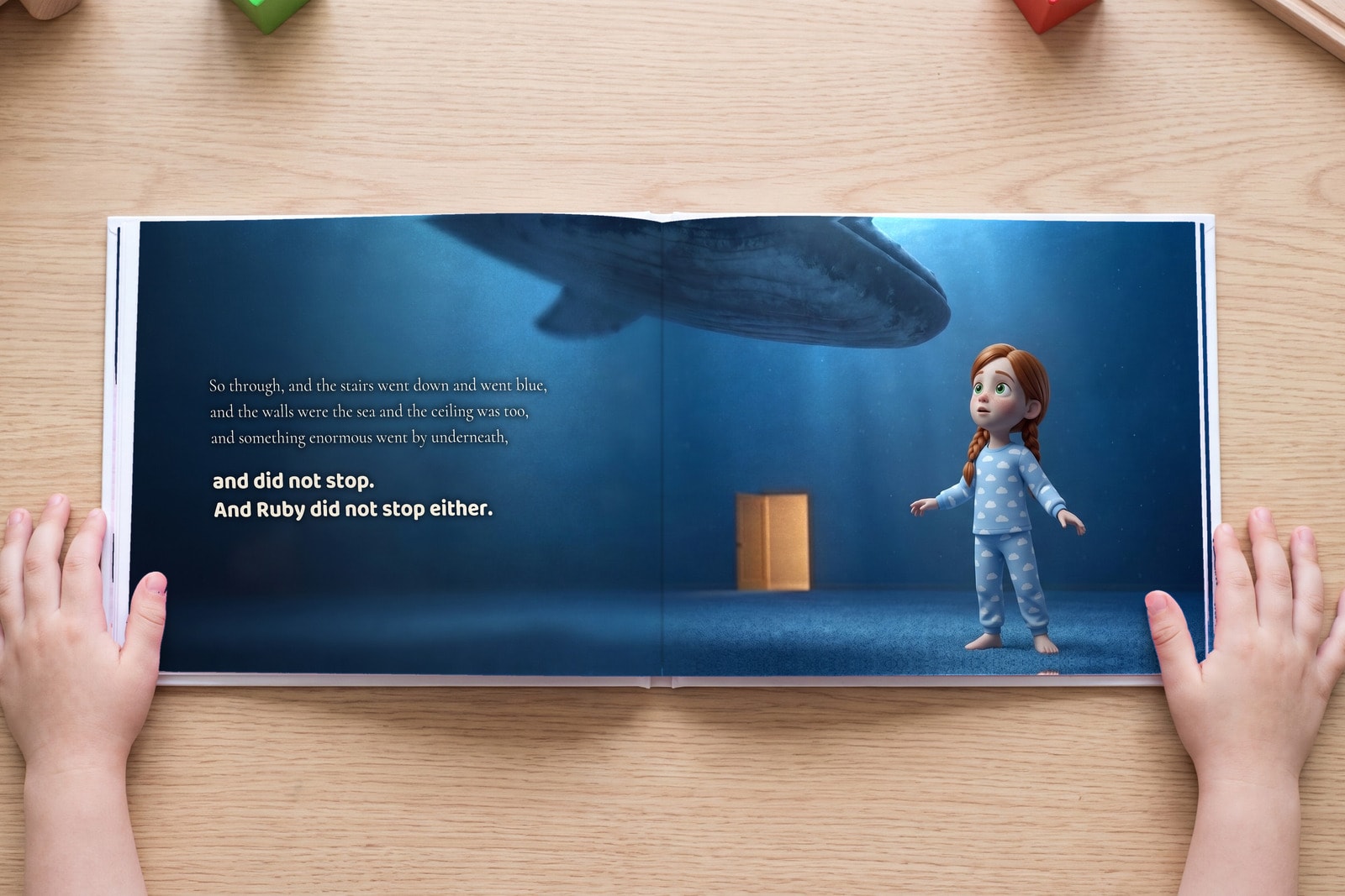A spread from The One Who Goes First, open in a child's hands