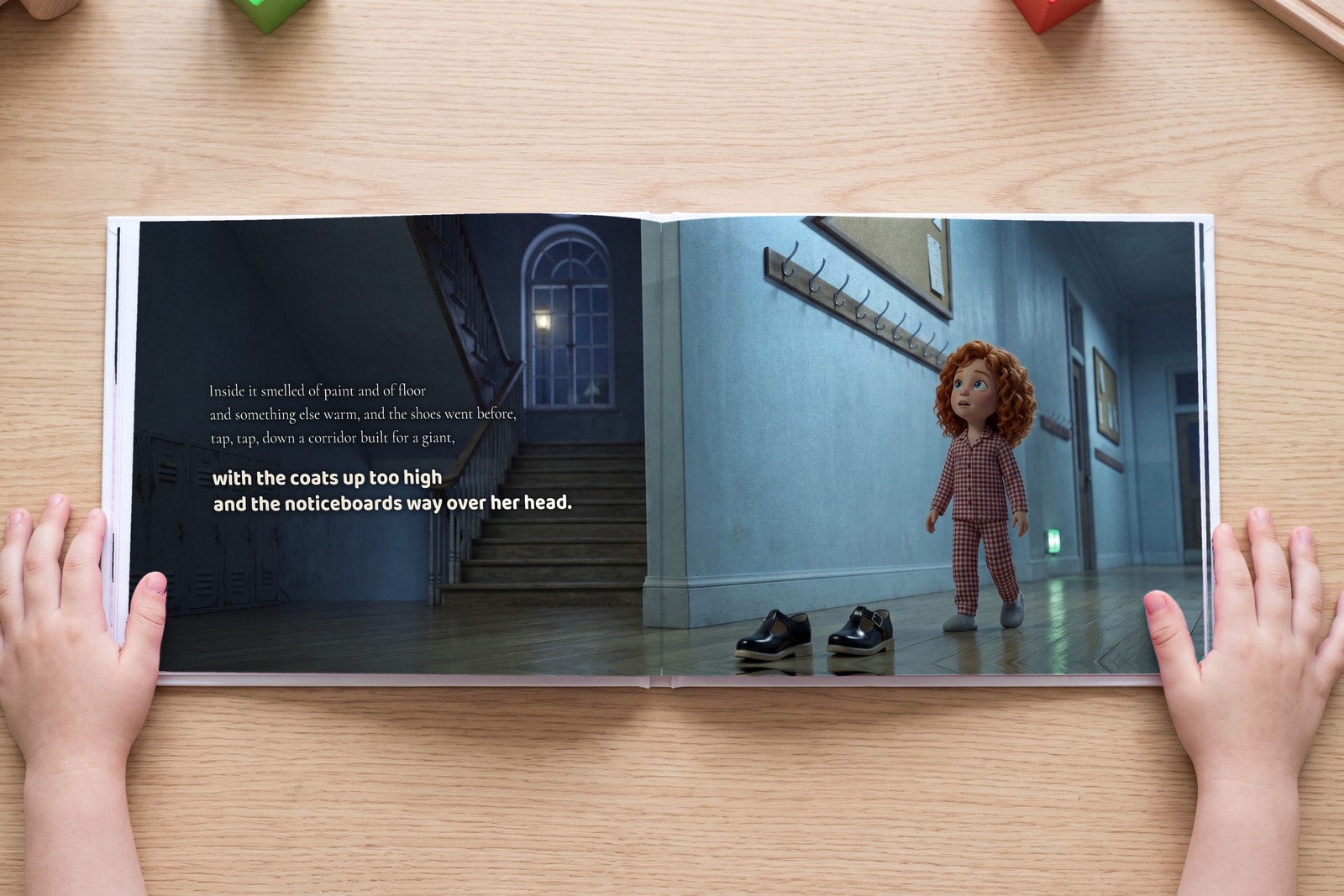 A spread from The Peg With Your Name On It, open in a child's hands