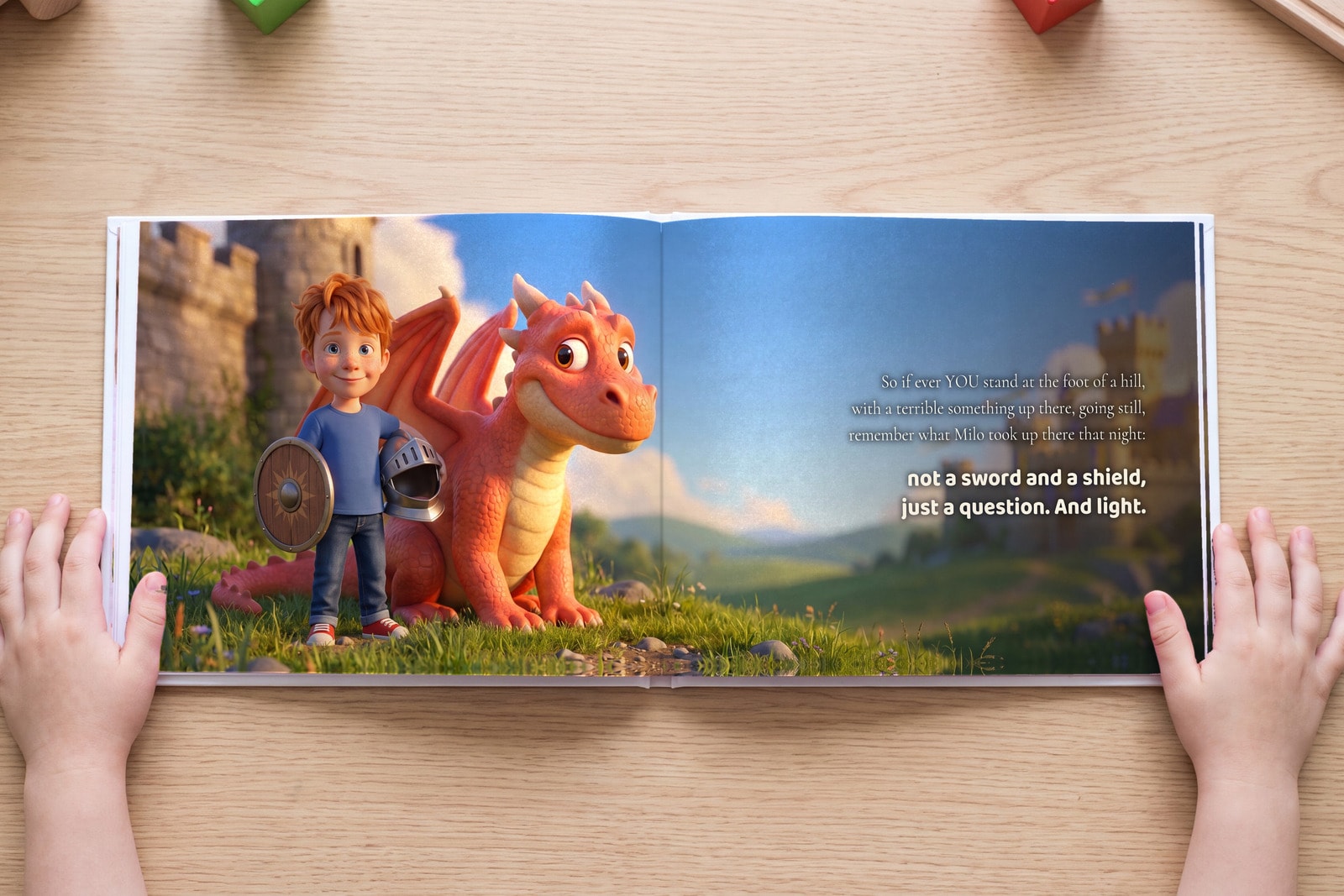 A spread from The Smallest Knight, open in a child's hands