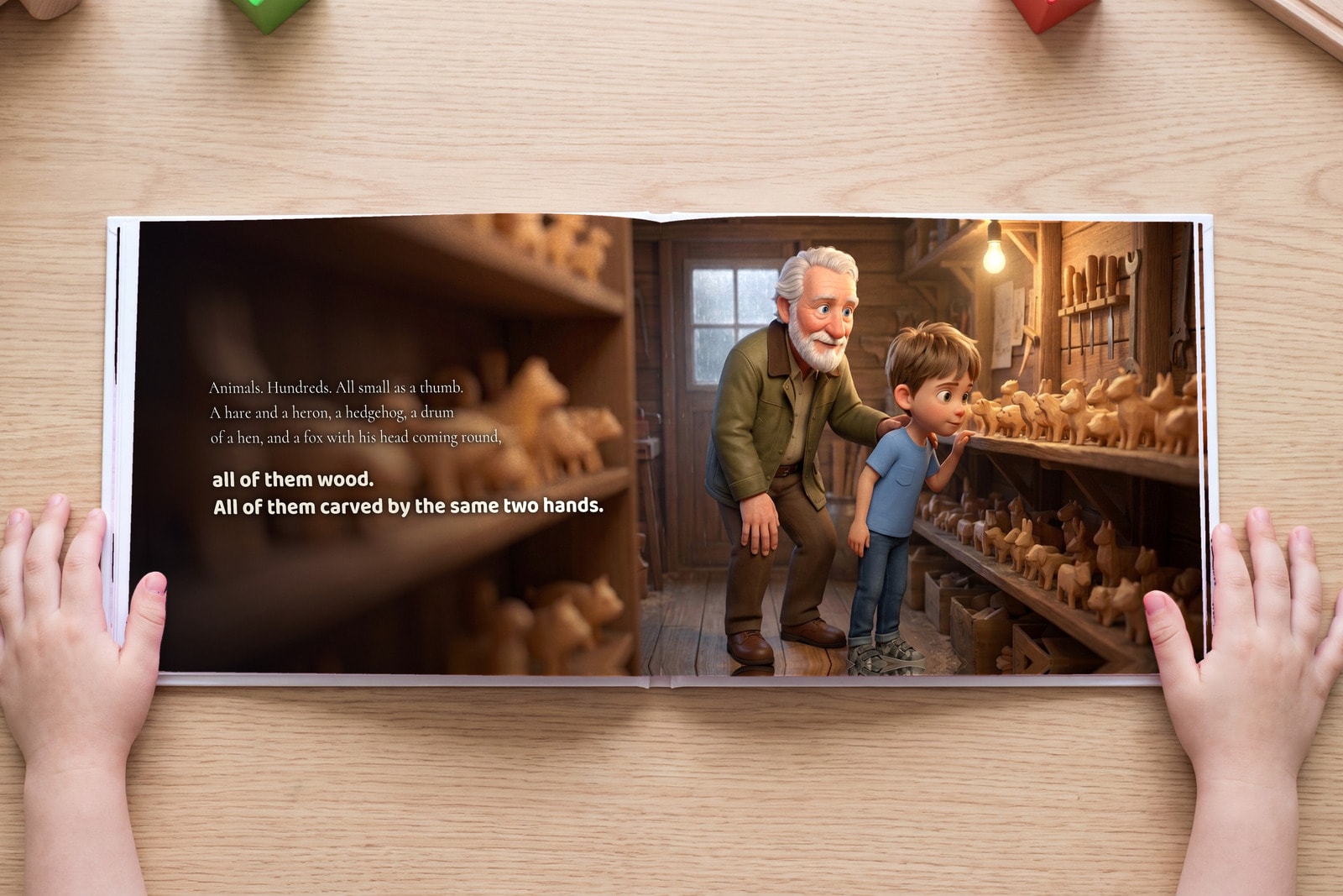 A spread from The Unfinished One, open in a child's hands
