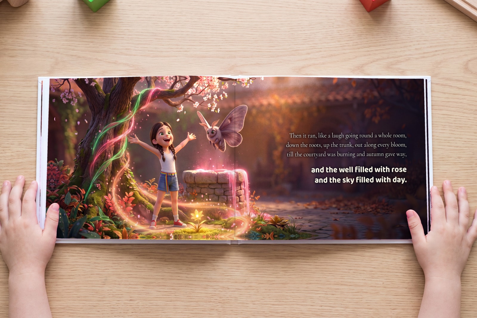 A spread from The Waiting Kingdom, open in a child's hands