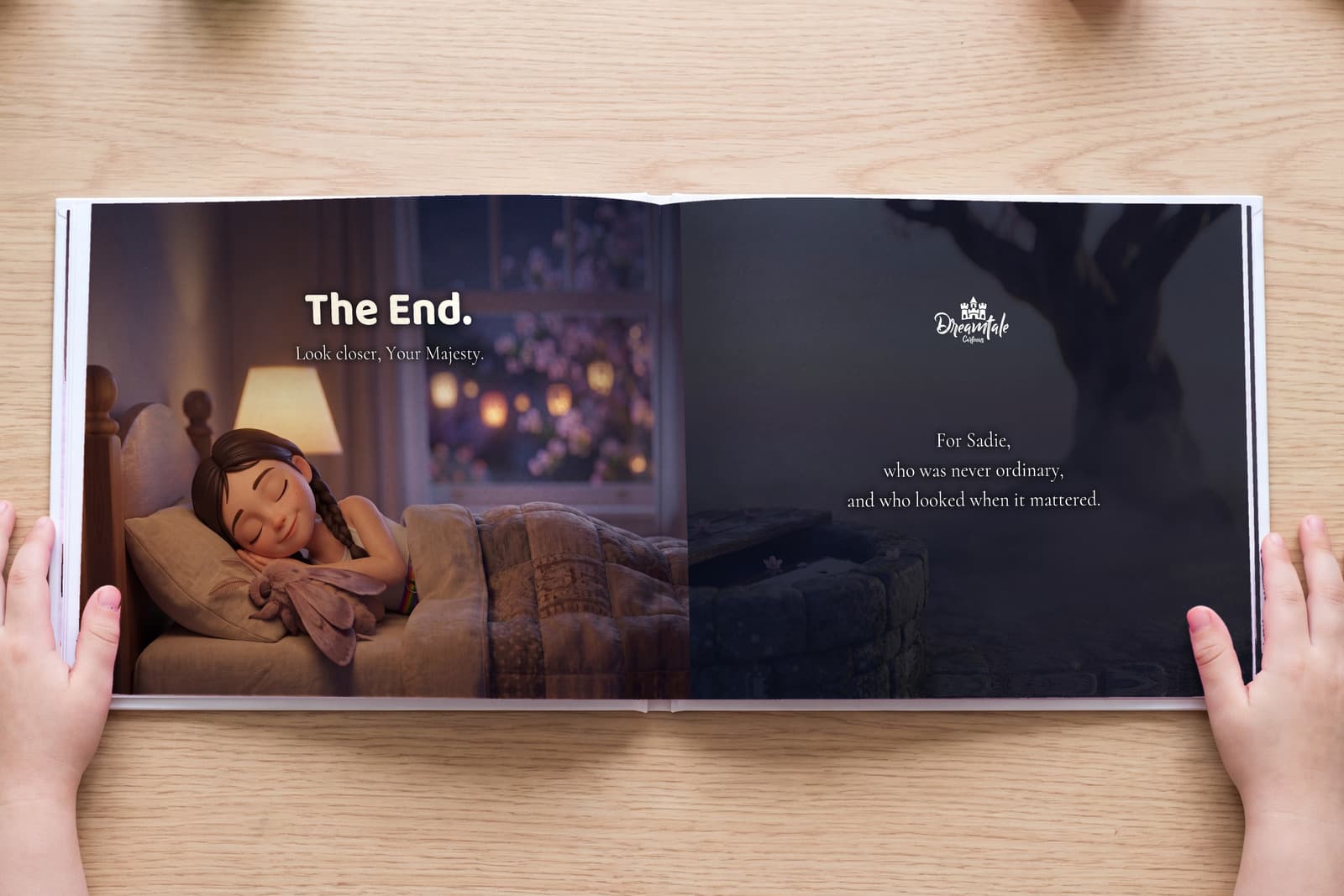 A Dreamtale book open at the dedication page, written by the parents